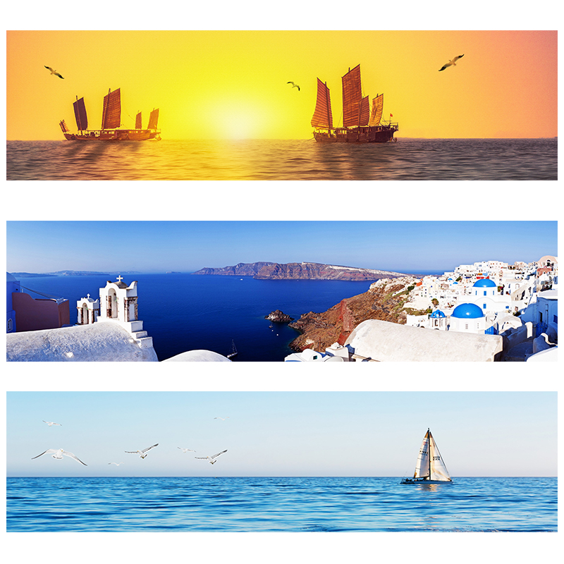 卧室床头挂画沙发背景墙布画横版帆船海景地中海建筑古堡粘贴画