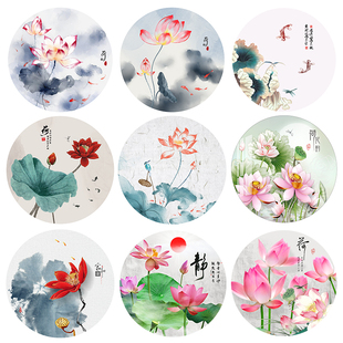 水墨禅意荷花圆形挂画莲叶锦鲤墙画客厅晶瓷画玄关壁画餐厅布画