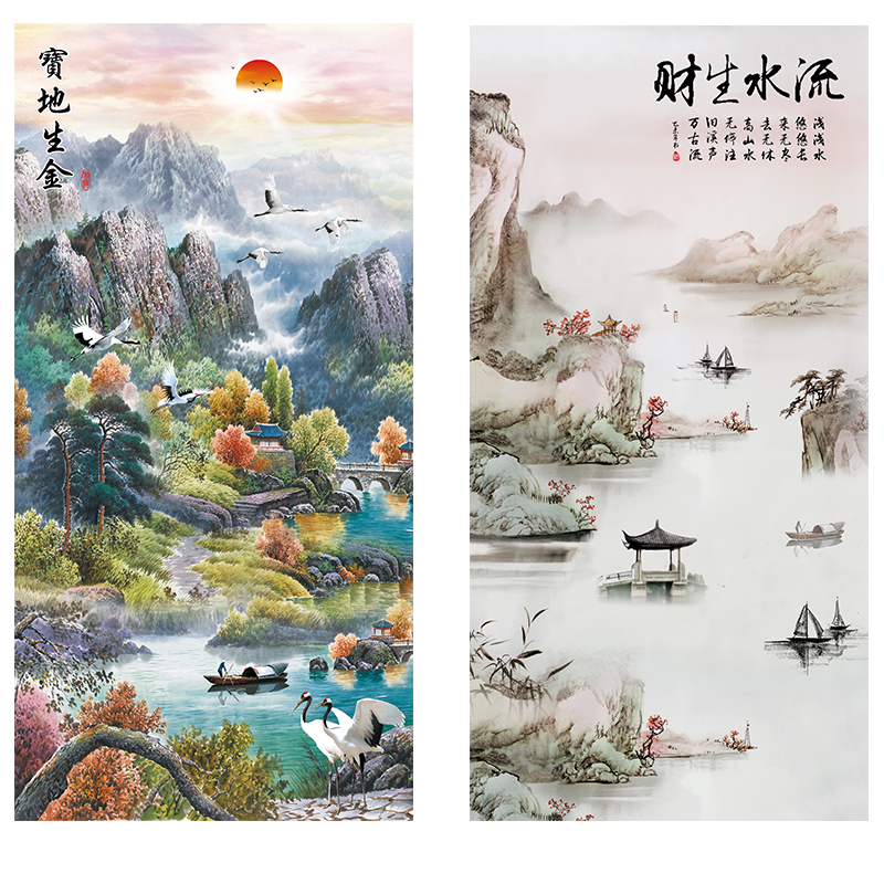 新中式流水生财门厅过道挂画自粘