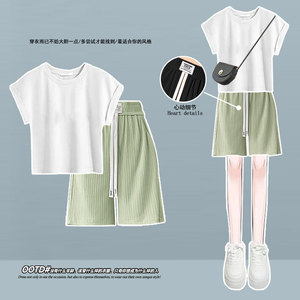 两件套女2024新款洋气韩版显瘦T恤上衣休闲宽松夏季高腰短裤ins潮
