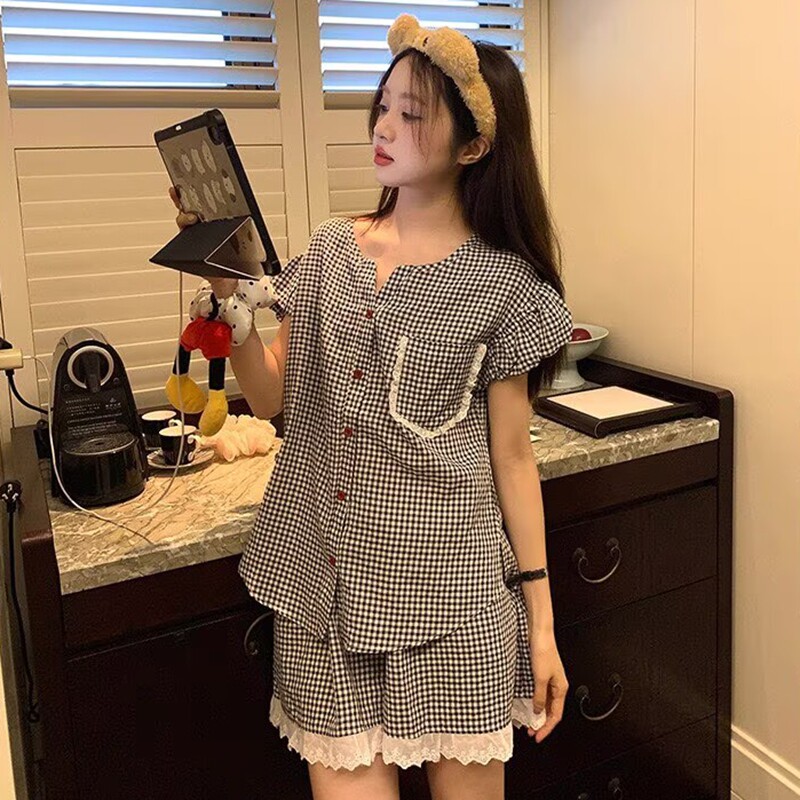新款格子花边睡衣女休闲舒适甜美夏天个性云朵棉家居服套装可外穿