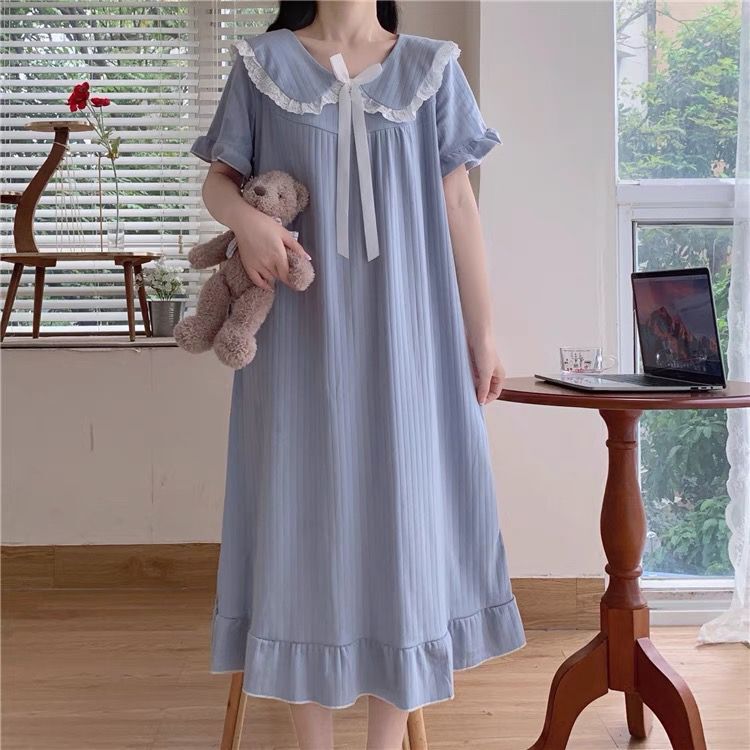 2024年新款睡裙女夏季网红公主风短袖大码宽松孕妇中长款连衣裙子