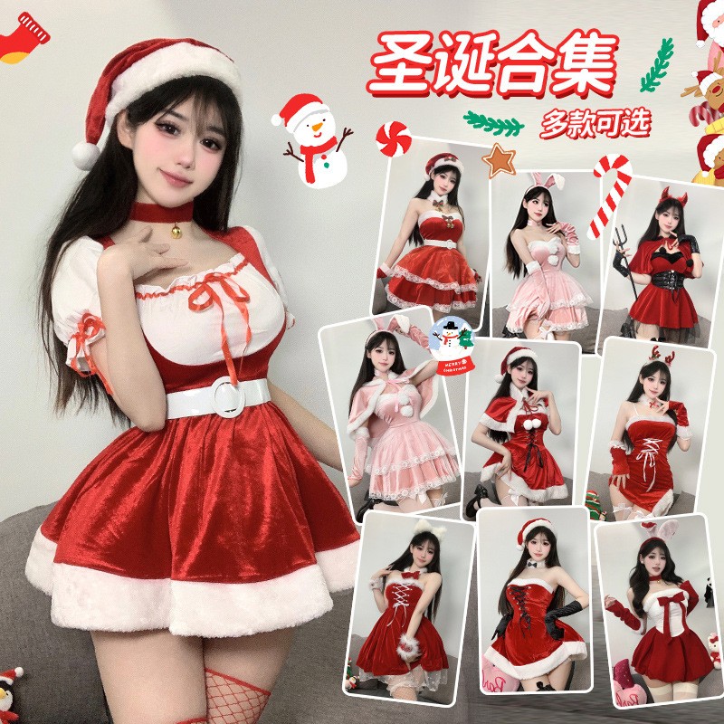 圣诞节装成人女 cos性感红色连衣裙套装 万圣节表演服多款可选