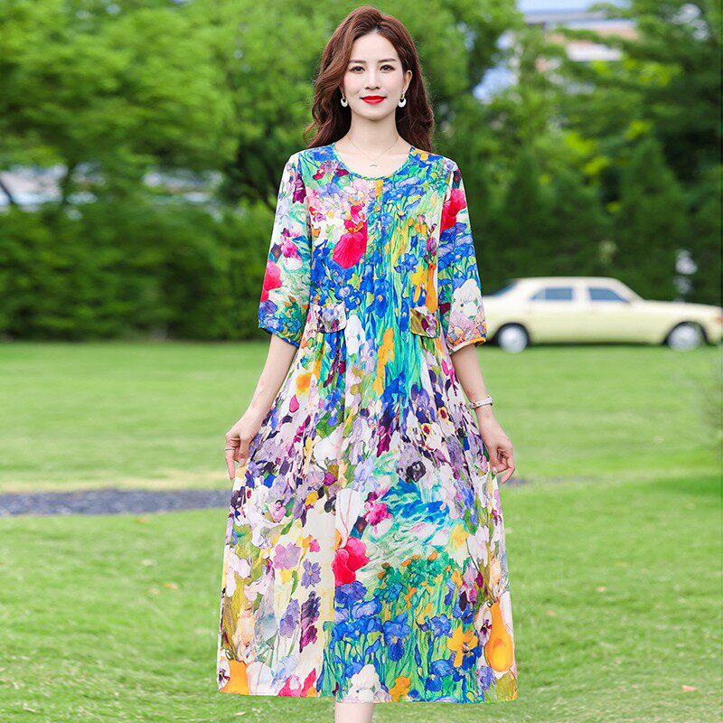夏季新款桑蚕丝连衣裙女七分袖收腰显瘦洋气中长款阔太太口袋裙子