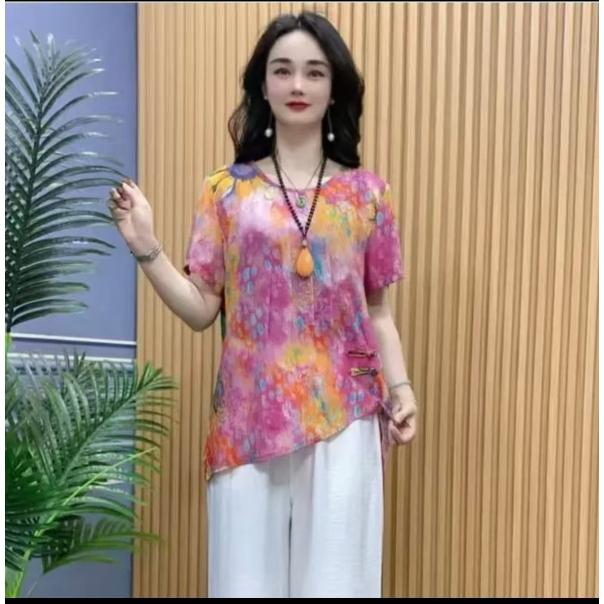 新中式妈妈装短袖碎花T恤显瘦女