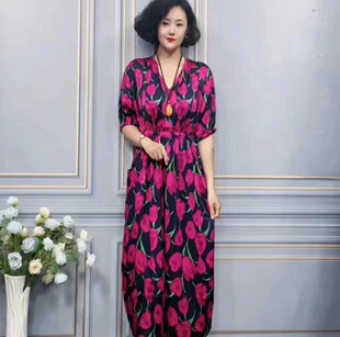 秋季小众印花大码女装宽松加大码显瘦连衣裙收腰性感气质半袖长裙
