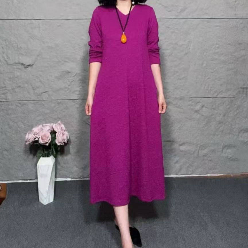 时尚妈妈装2025秋季新款中年V领连衣裙宽松显瘦气质优雅长袖裙子