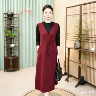 假两件连衣裙女春秋冬收腰显瘦中长款气质优雅妈妈装加厚减龄长裙
