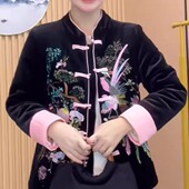 新中式 国风立领盘扣丝绒刺绣夹棉外套女秋冬复古棉衣气质妈妈上衣