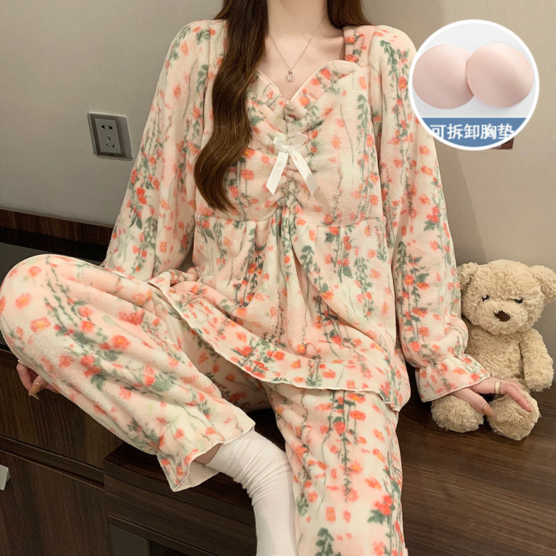 家居服冬季款女士双长V领法兰绒保暖带可拆胸垫款少女甜美清新风