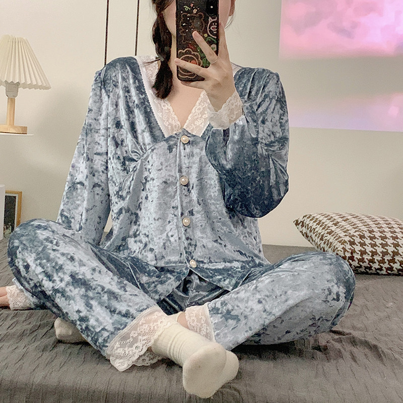 秋冬季开衫金丝绒睡衣女长袖长裤保暖花边纯色钻石绒家居服套装