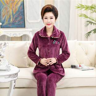 冬季加厚珊瑚绒女中老年反领开衫妇女睡衣居家服法兰绒套装长袖