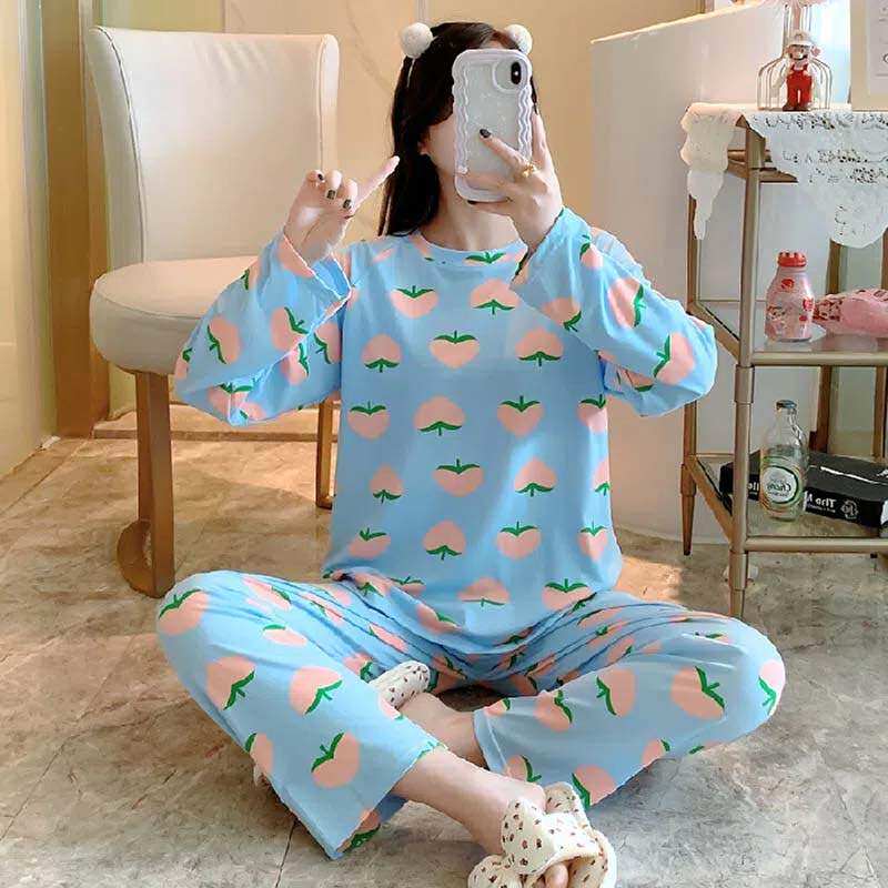 新款女士睡衣春秋冬季薄款长袖长裤棉质圆领宽松版学生家居服套装