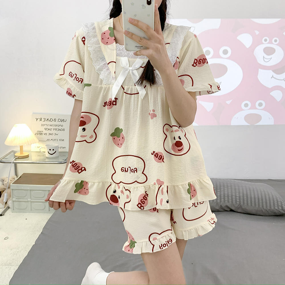 2024夏季新款纯棉蕾丝花边公主风休闲学生短袖短裤套装家居服