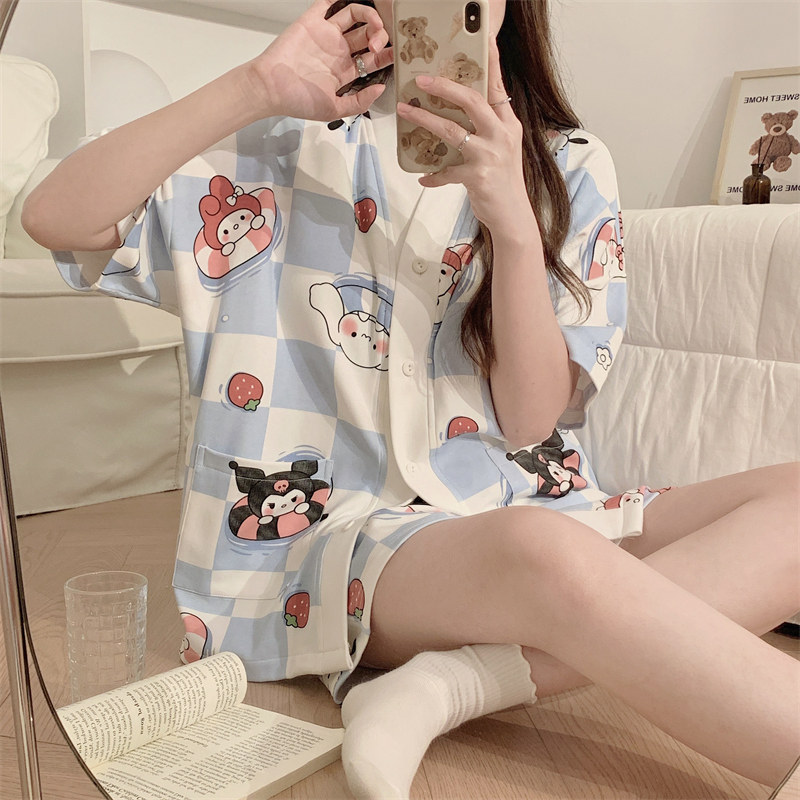 拉架棉女学生短袖睡衣可爱卡通和服领短袖开衫女士家居服可外穿