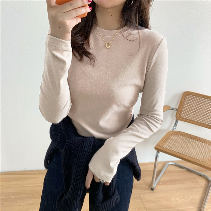 双面德绒低领打底衫女秋冬内搭加绒加厚圆领长袖T恤修身保暖秋衣