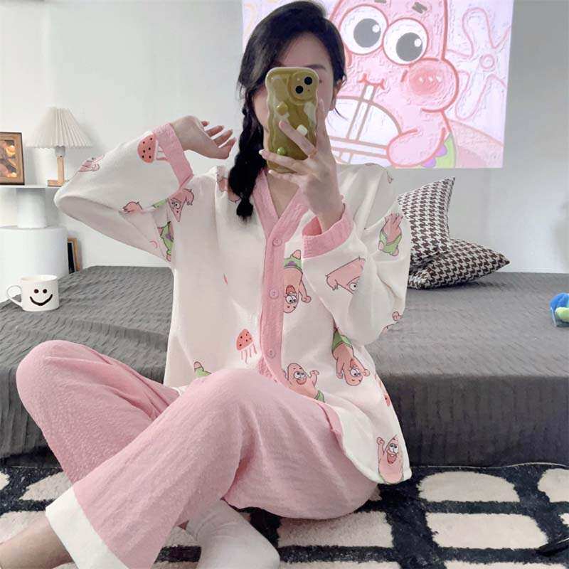 睡衣女春秋季学生ins甜美长袖泡泡棉皱少女睡衣家居服可外穿套装