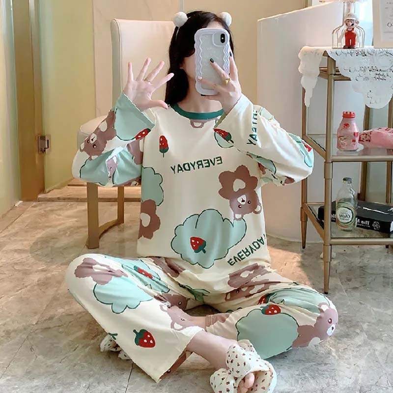 新款女士睡衣春秋冬季薄款长袖长裤棉质圆领宽松版学生家居服套装