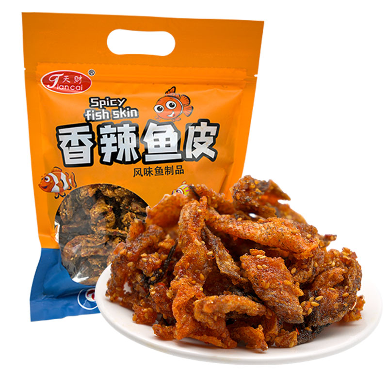 天财香辣鱼皮500g袋装即食海鲜网红零食麻辣鱼皮干蜜汁甜辣鳕鱼皮