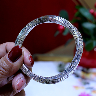 999足银莫比乌斯手镯女纯银开口实心吉言镯子男手工定制回纹银饰