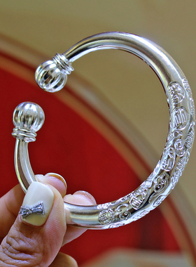 足银999南瓜头吉言手镯女实心开口复古饰品柔光送妈妈纯手工镯子