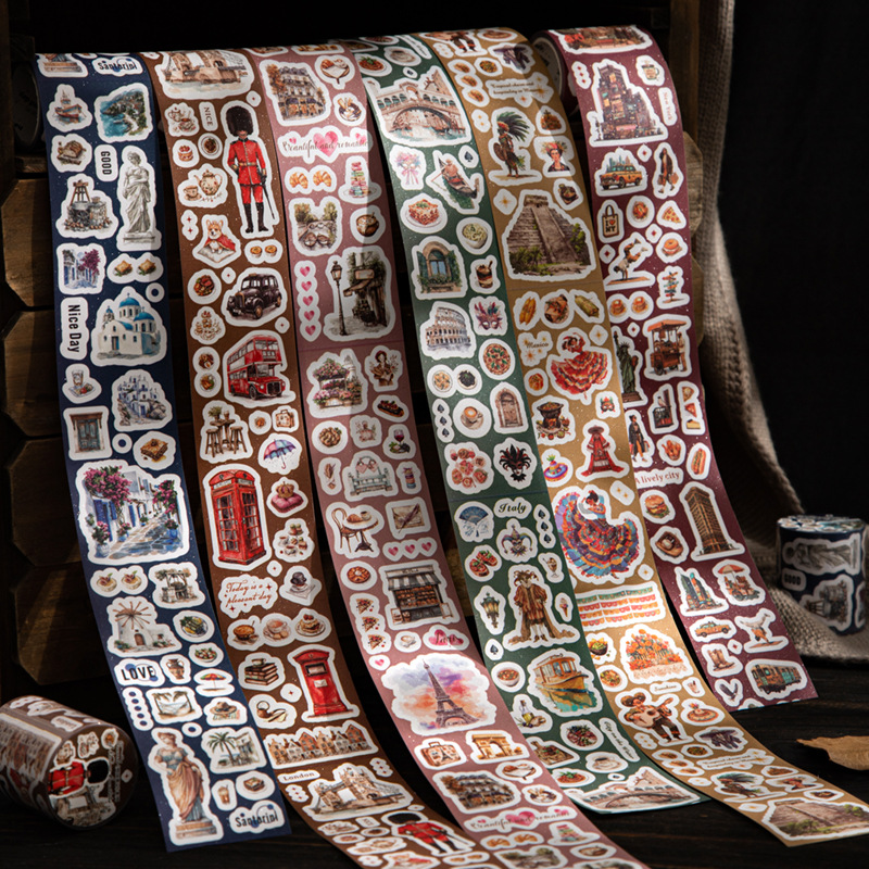 美好的一天 列国游记系列 模切欧式复古打底拼贴装饰闪砂贴纸卷