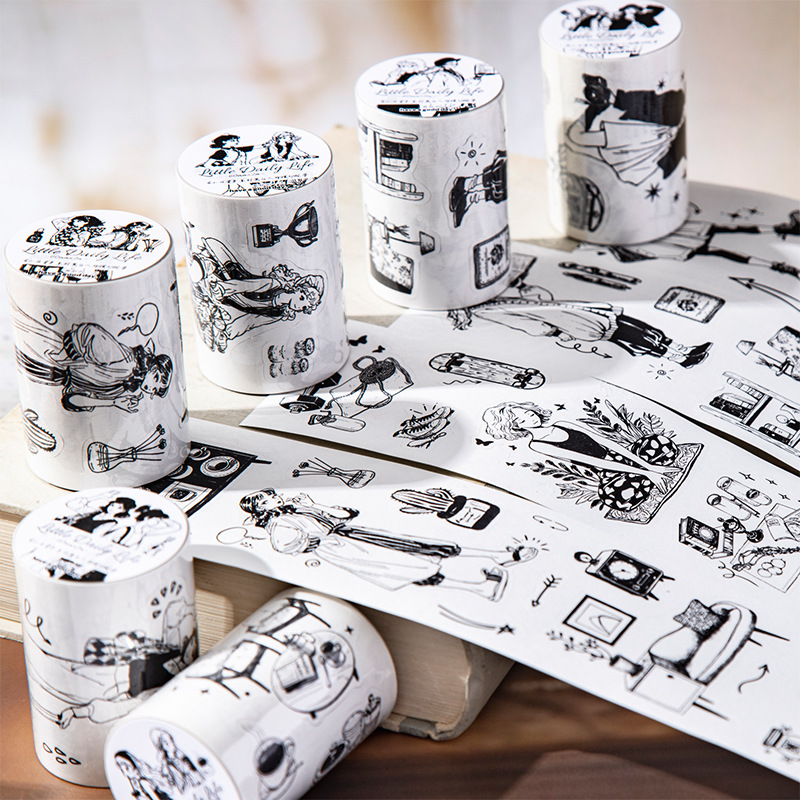 美好的一天 小日常系列 原创图案黑白人物模切手帐装饰打底DIY胶