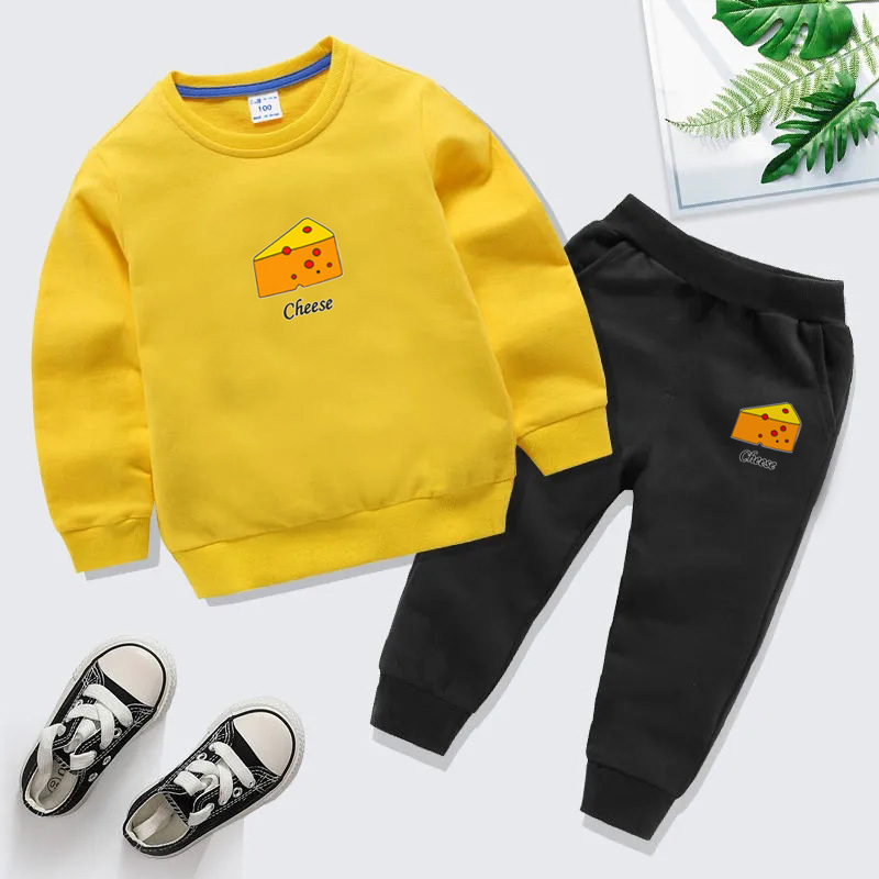 3-9岁美式特别卫衣2件套圆领上装衣服黄奶酪萌娃装套装女宝宝冬天