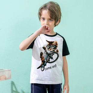 男童可爱打底衫 短袖 小童自行车猫咪衣服T恤上衣骑车小猫童装 夏款