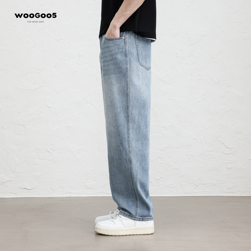 男士牛仔裤水洗浅蓝色垂感弹力春秋季新款宽松直筒休闲阔腿裤