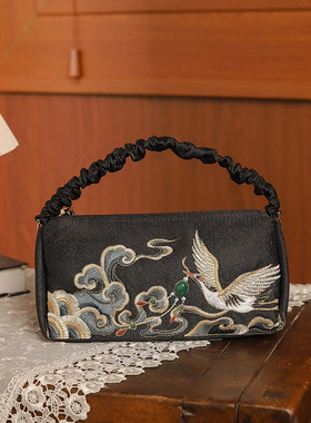 黑色绣花零钱包古风旗袍宴会手拿包皮质提手绣花手拎包单肩小包