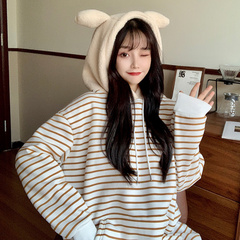 Real shot lamb hair and cashmere thickened little bear ear sweater women's fashion Korean version loose stripe coat