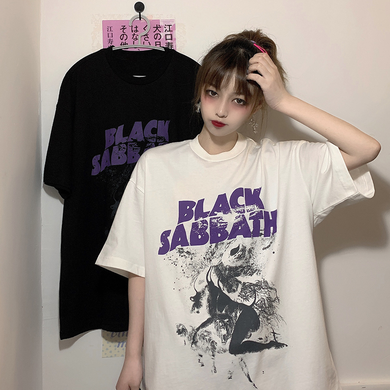 Real shot Harajuku style short sleeve women's fashion cool style dark black women's street hip hop BF Half Sleeve T