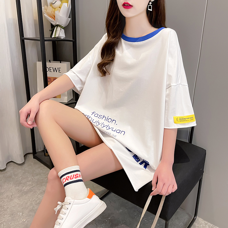 實拍短袖恤女夏新款寬鬆韓版中長上衣大碼女裝
