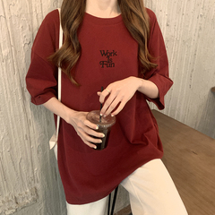 Five color loose medium length letter embroidered short sleeve T-shirt