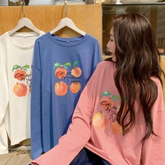 Real shot spring new four peaches printed cotton long sleeve loose and versatile color