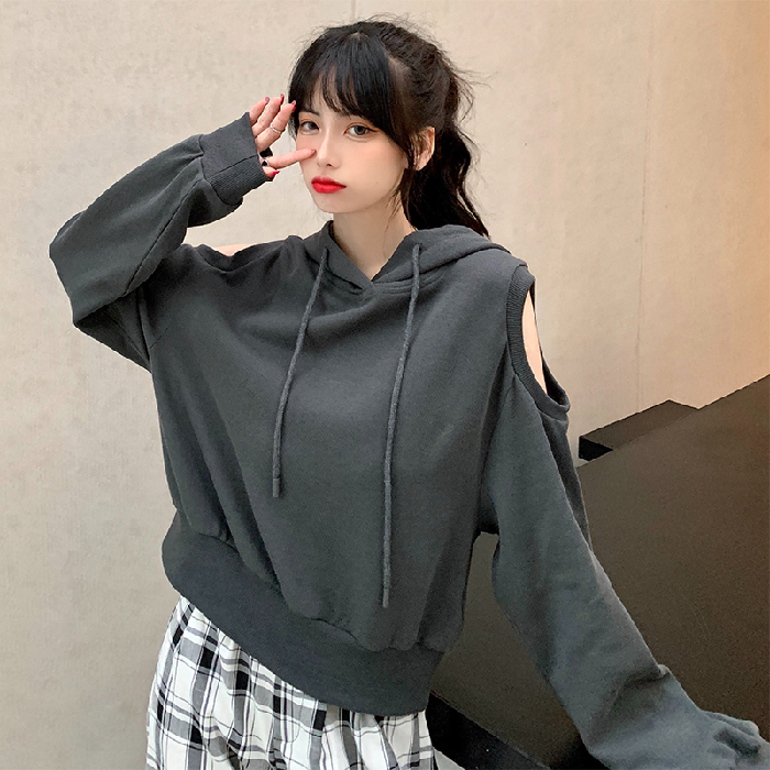 Real shot cream off the shoulder sweater women's Hoodie new long sleeves in spring