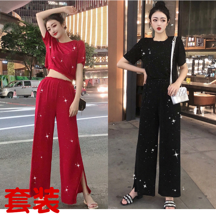 Real shot short bright silk open navel T-shirt women's Short Sleeve Top High Waist Wide Leg Pants sports two piece suit