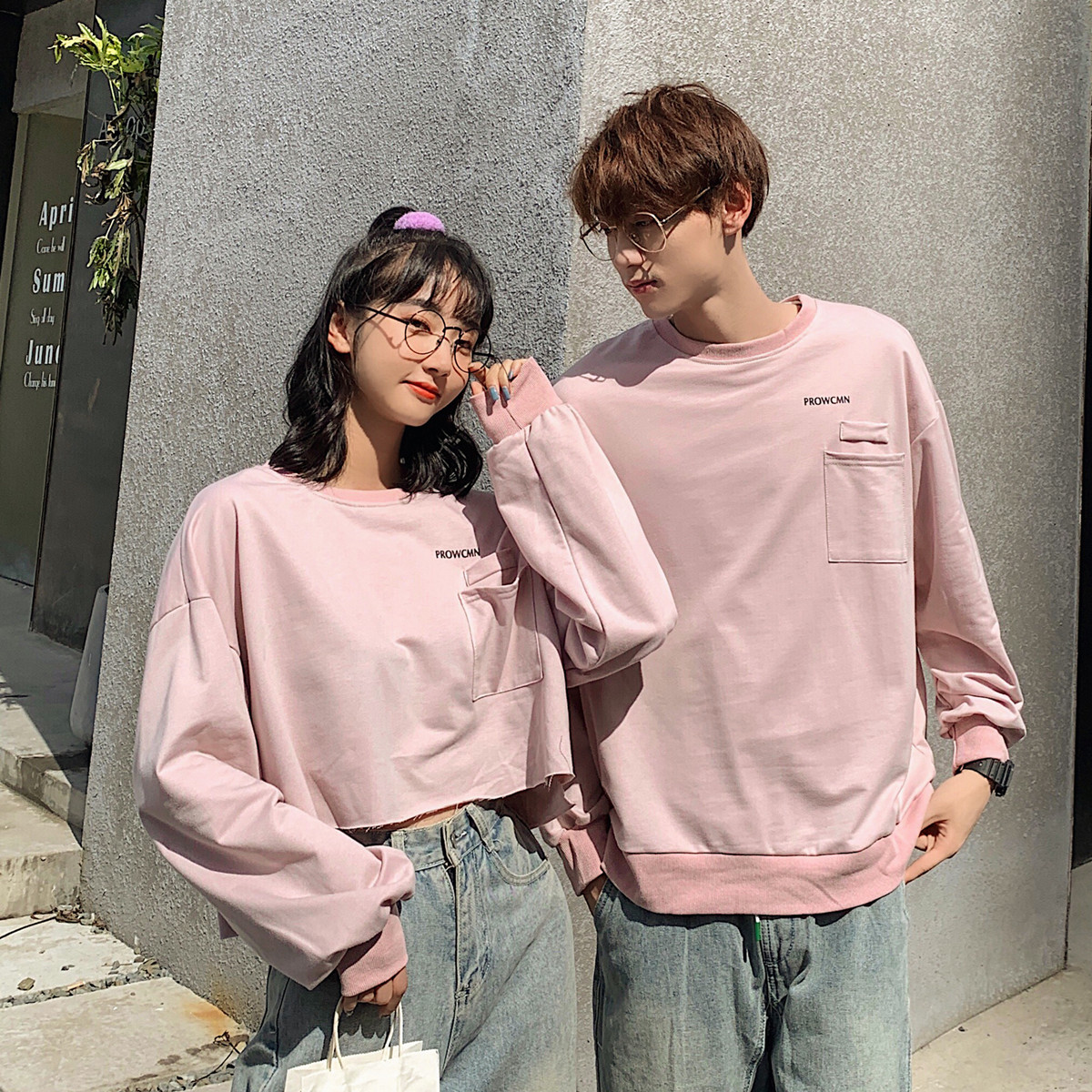 Real shooting of spring couple's short open navel sweater women's thin long sleeve top