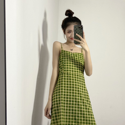 Real photo of summer and autumn slim green small fresh plaid skirt