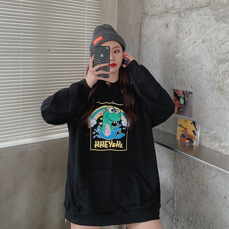 Real shot fish scale dinosaur print loose long sleeve hooded thin sweater woman