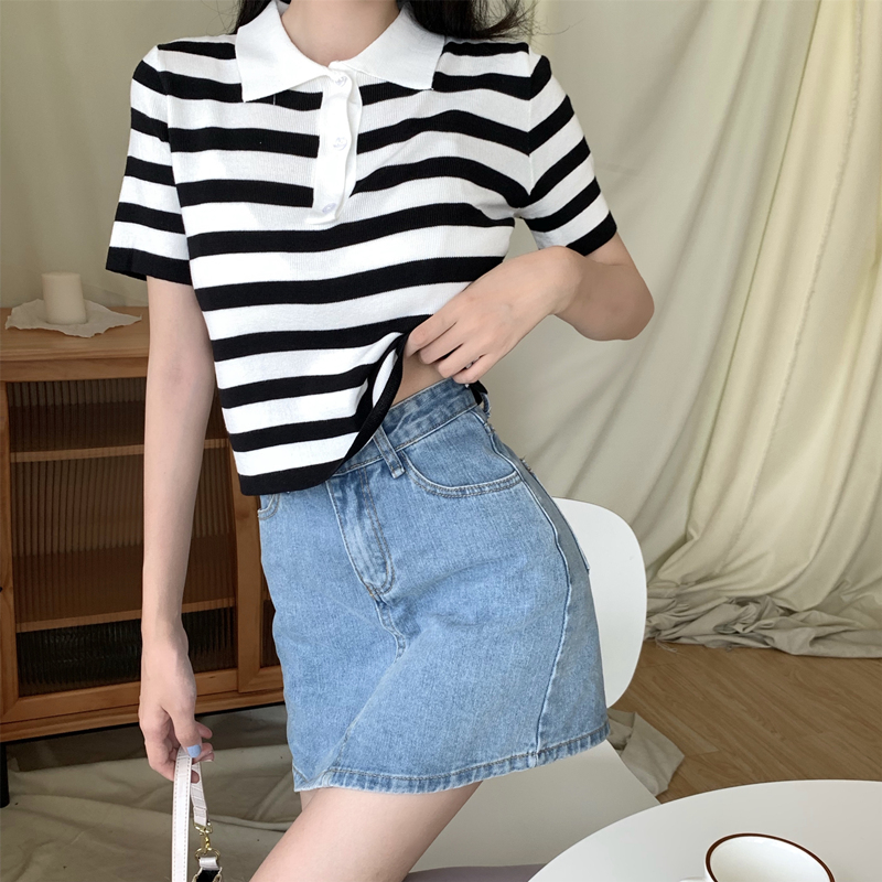 Real shot Polo neck stripe short sleeve T-shirt women's trendy T-shirt