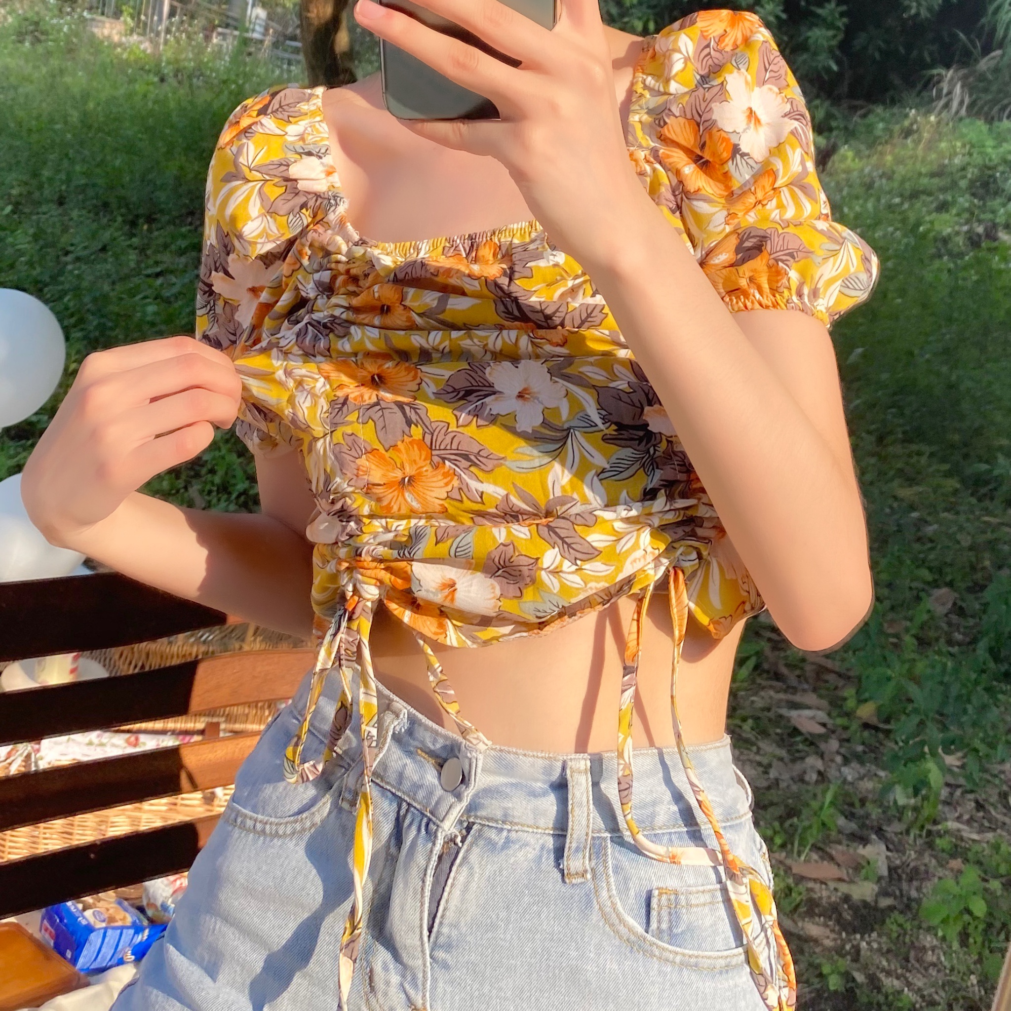 Floral Chiffon drawstring top color