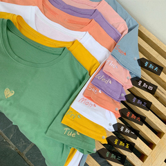 Real shot short sleeve T-shirt letter embroidery week 7 color milk silk