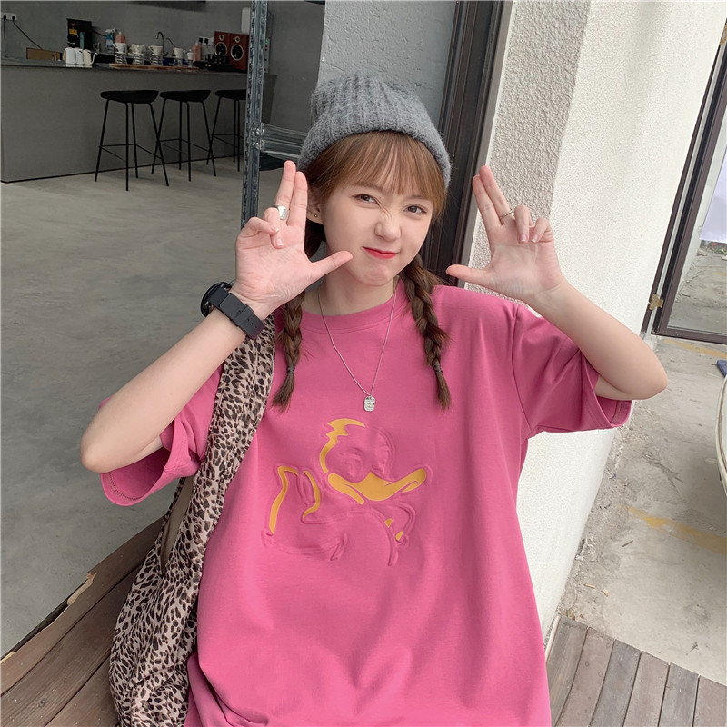 實拍寬鬆韓版百搭凹凸卡通印花學院風打底衫T恤