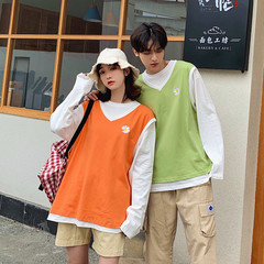 Real shot pure cotton spring fake two piece splicing lovers' long sleeve T-shirt student base shirt