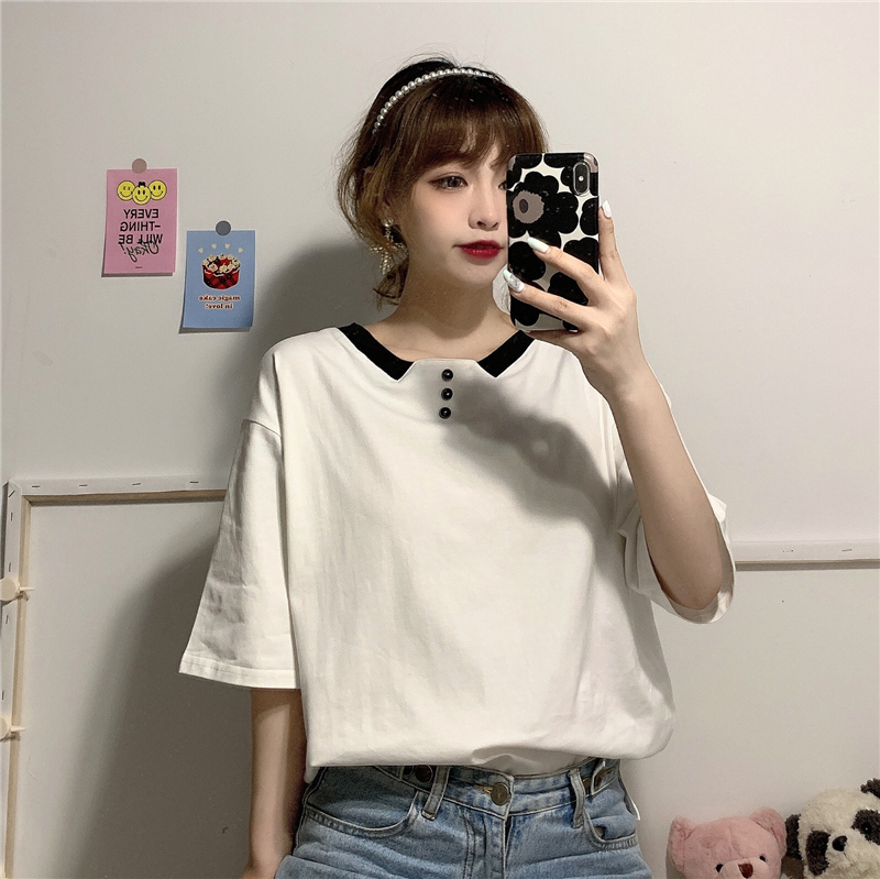 實拍棉港風寬鬆棉上衣紐扣恤拼色領女短袖