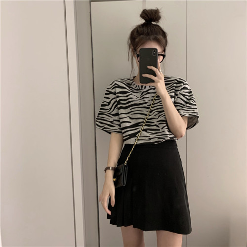 Real price cotton zebra top women's Short Sleeve Black and white stripe Korean loose