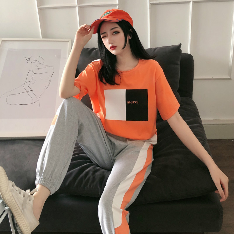 Real shot fashion short sleeve T-shirt pants sportswear suit women's two piece set