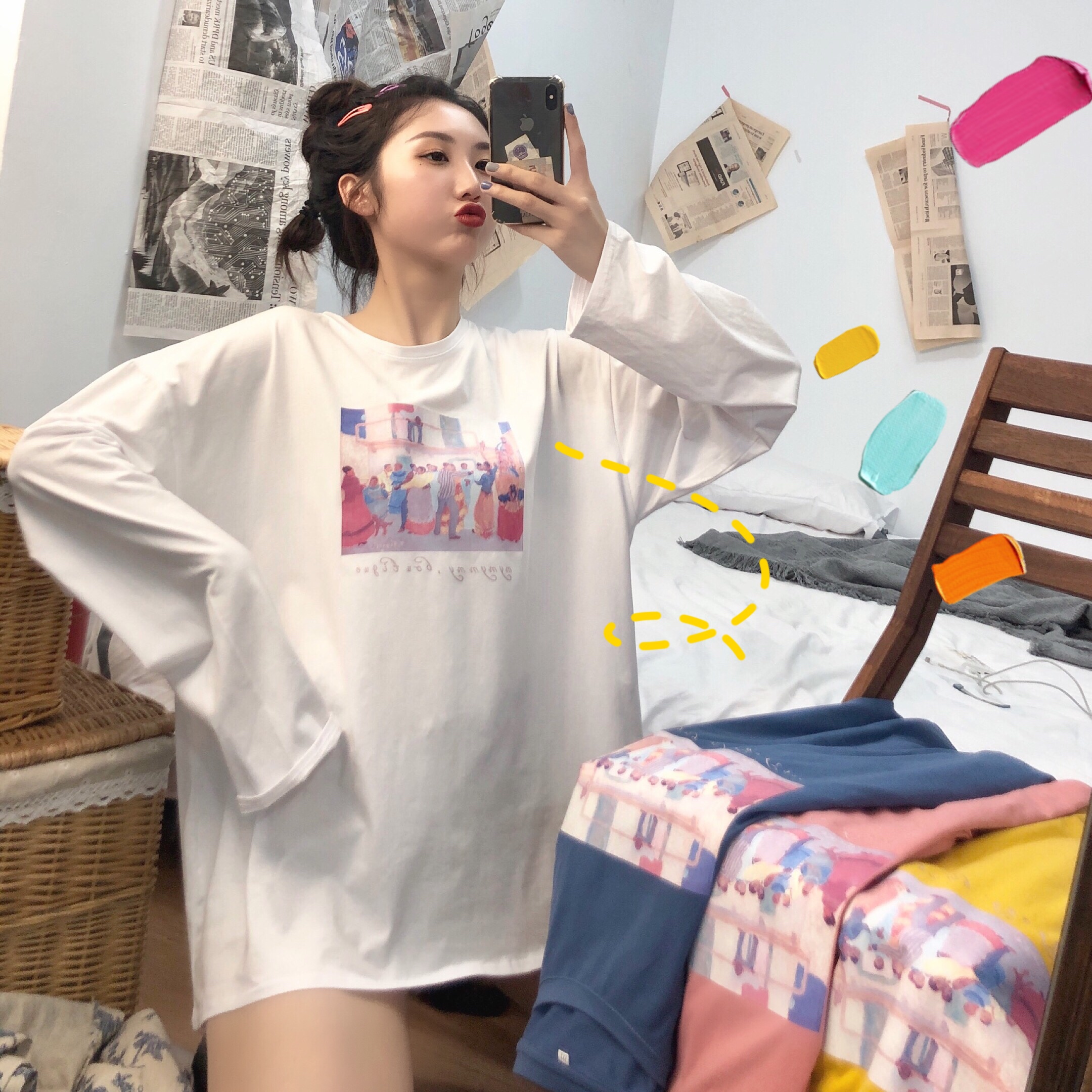 Real shooting autumn new color cotton versatile T-shirt student's bottom top